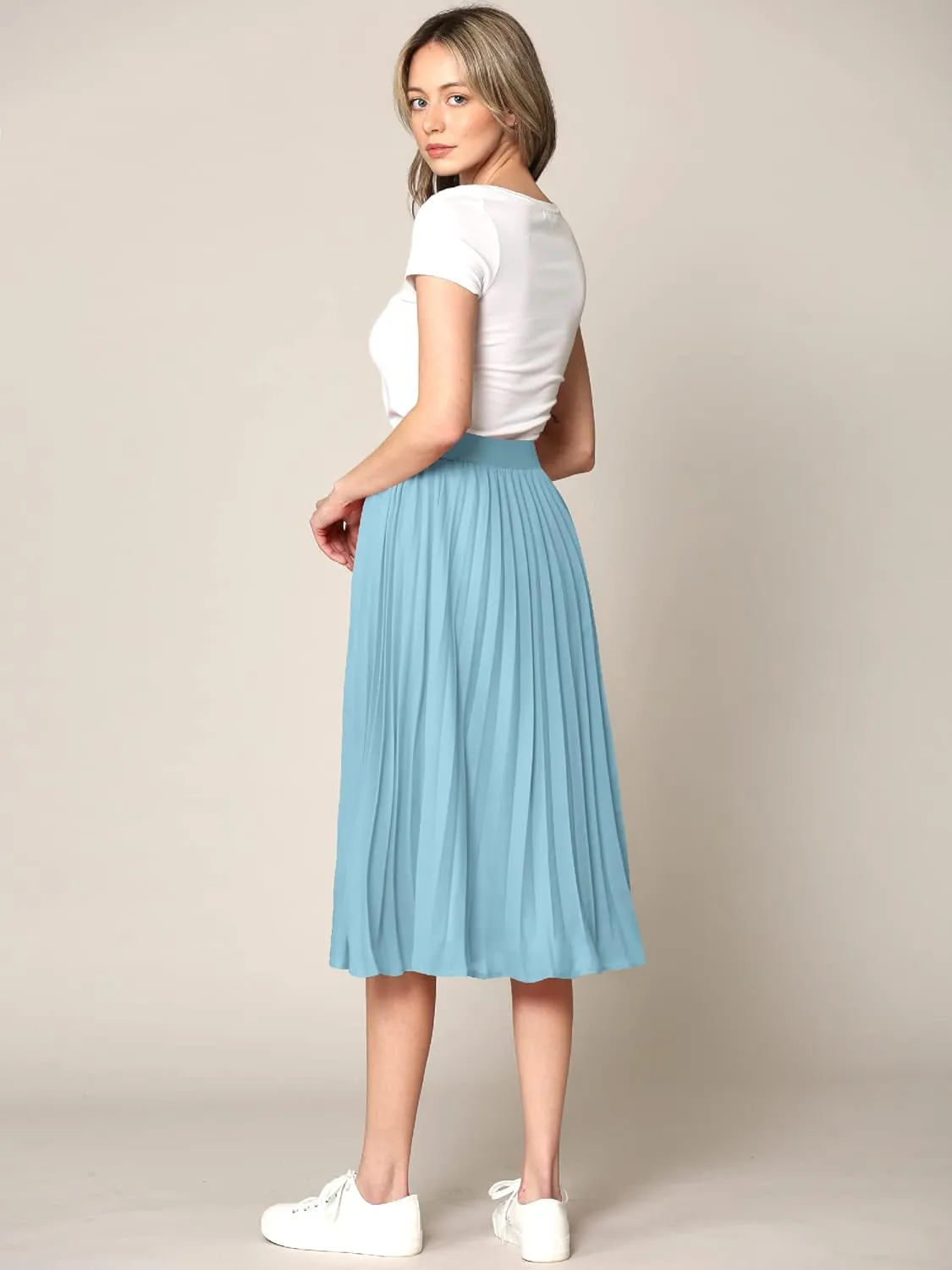 Made By Johnny Women's High Elastic Waist Pleated Mid A-Line Swing Skirt