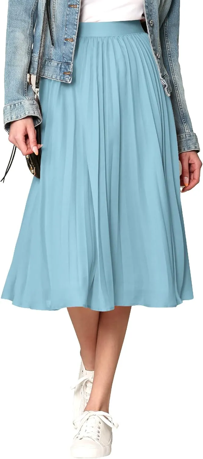 Made By Johnny Women's High Elastic Waist Pleated Mid A-Line Swing Skirt