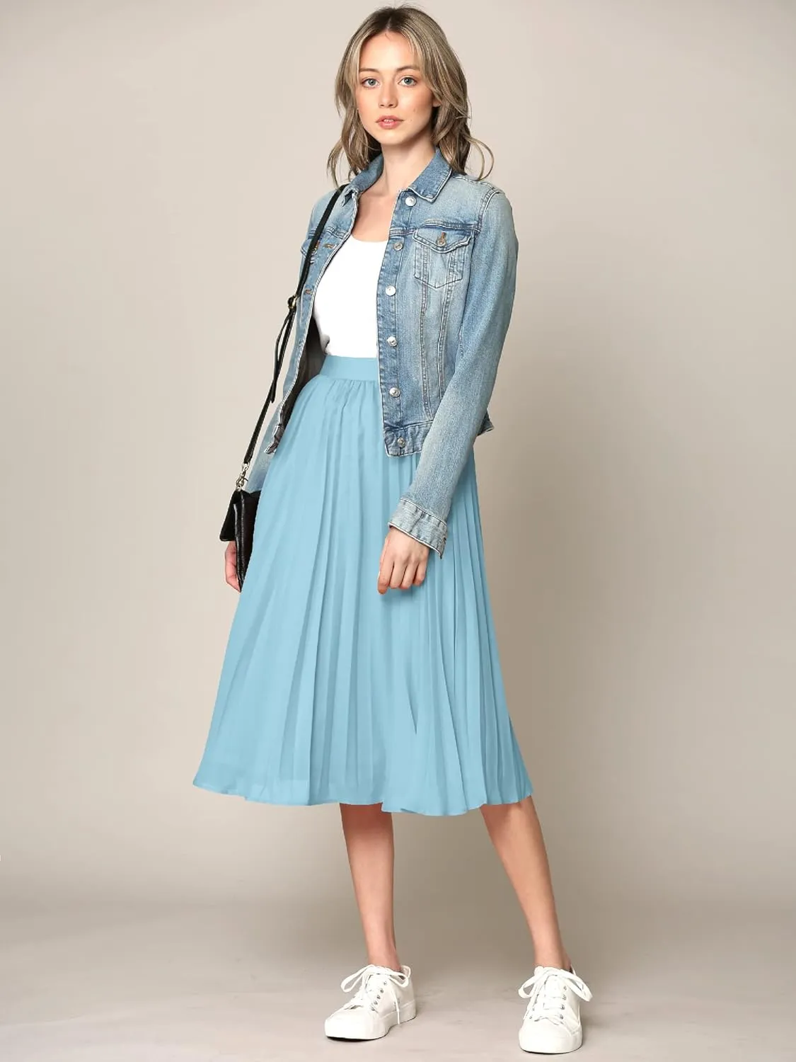 Made By Johnny Women's High Elastic Waist Pleated Mid A-Line Swing Skirt