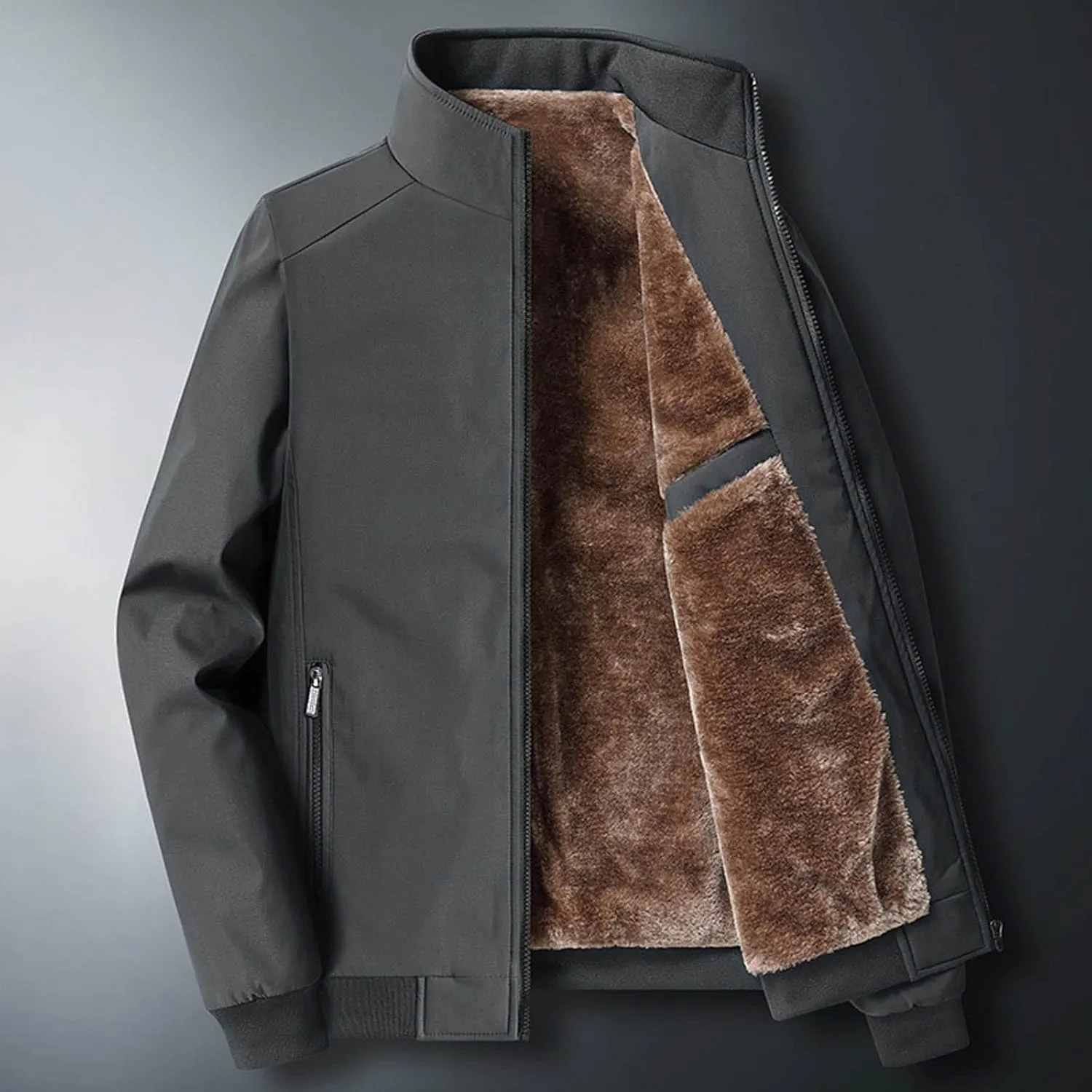 Mens Fashion Plush Thick Jacket Winter Fleece Lined Warm Coat Stand Collar Zipper Pocket Parka Work Cargo Windbreaker