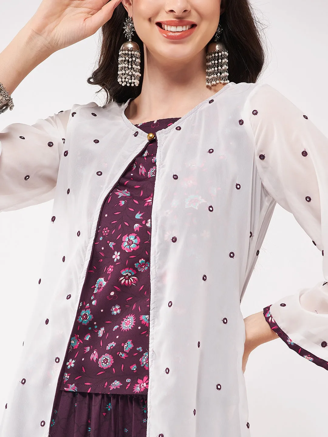 Mughal Printed Top  With Skirt And Embroidered Shrug