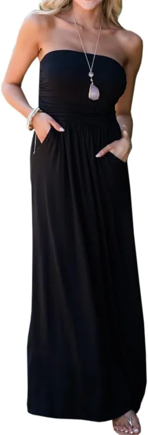 Ofenbuy Womens Off The Shoulder Maxi Dresses Summer Strapless Bandeau Long Dress with Pockets