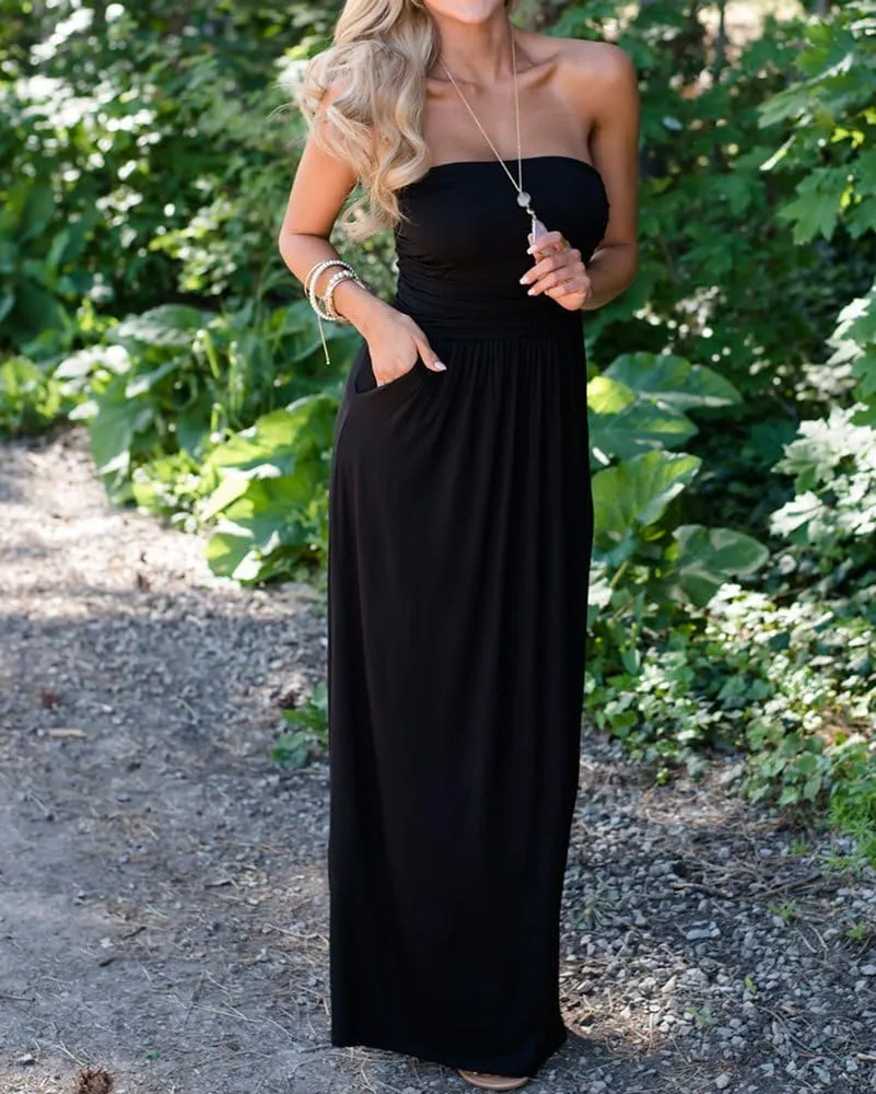 Ofenbuy Womens Off The Shoulder Maxi Dresses Summer Strapless Bandeau Long Dress with Pockets
