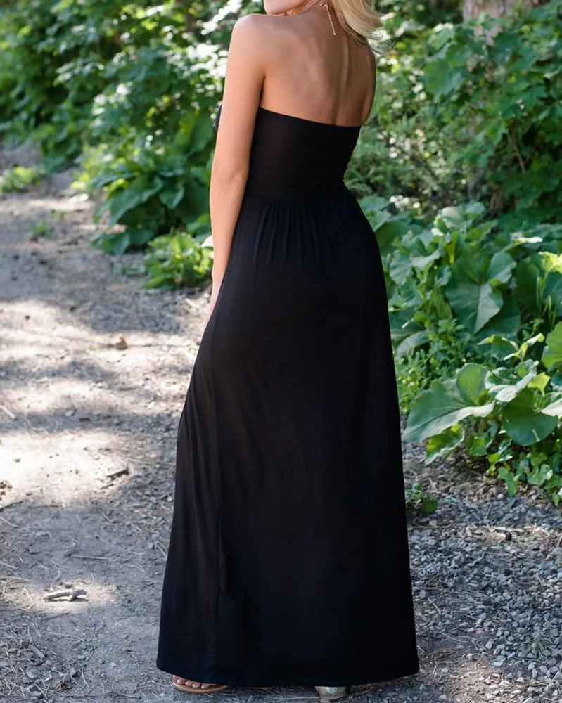 Ofenbuy Womens Off The Shoulder Maxi Dresses Summer Strapless Bandeau Long Dress with Pockets