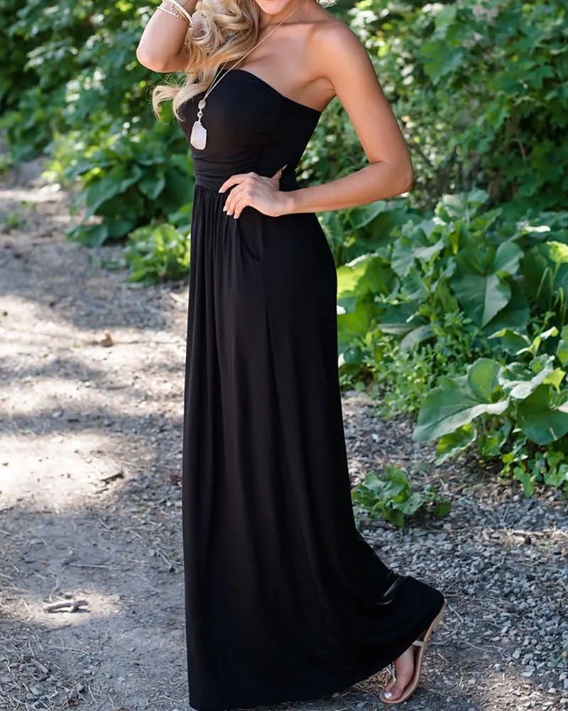 Ofenbuy Womens Off The Shoulder Maxi Dresses Summer Strapless Bandeau Long Dress with Pockets