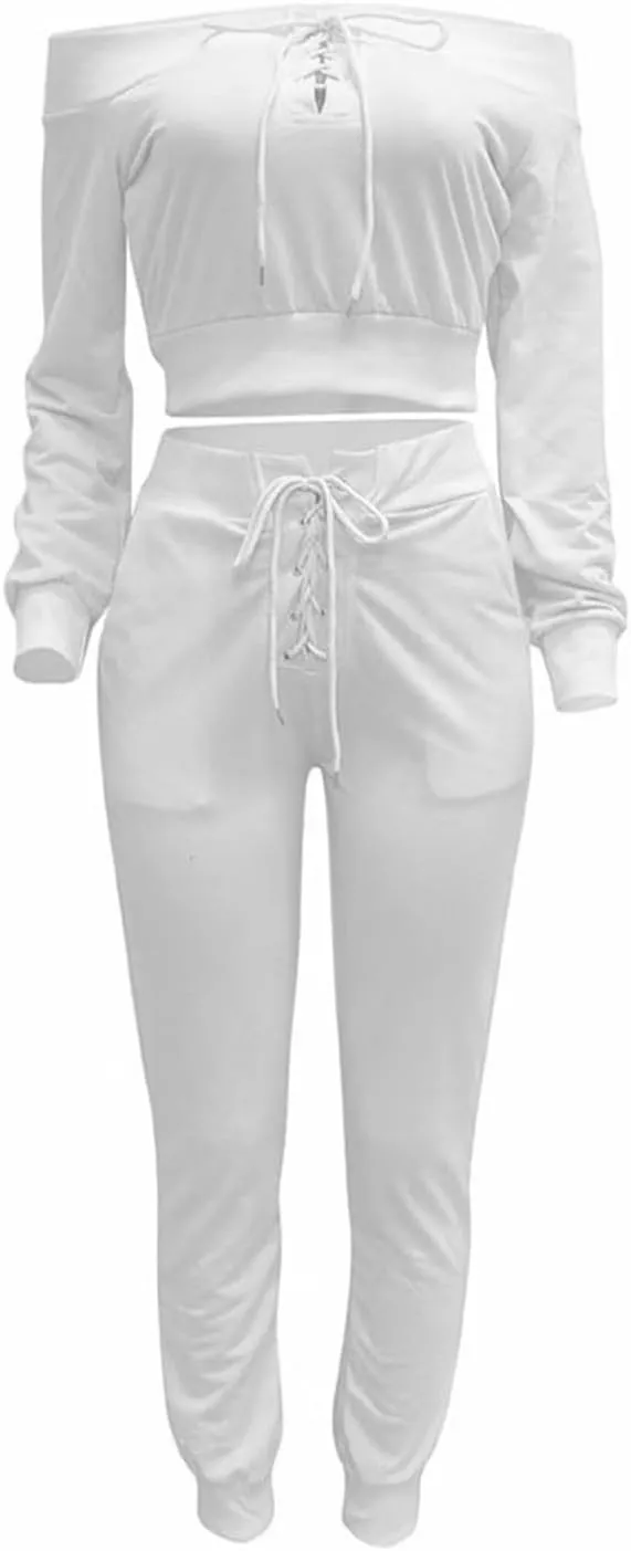 OLUOLIN Women Sexy Long Sleeve Two Pieces Outfits Tracksuit Lace Up Off Shoulder Casual Sweatsuit
