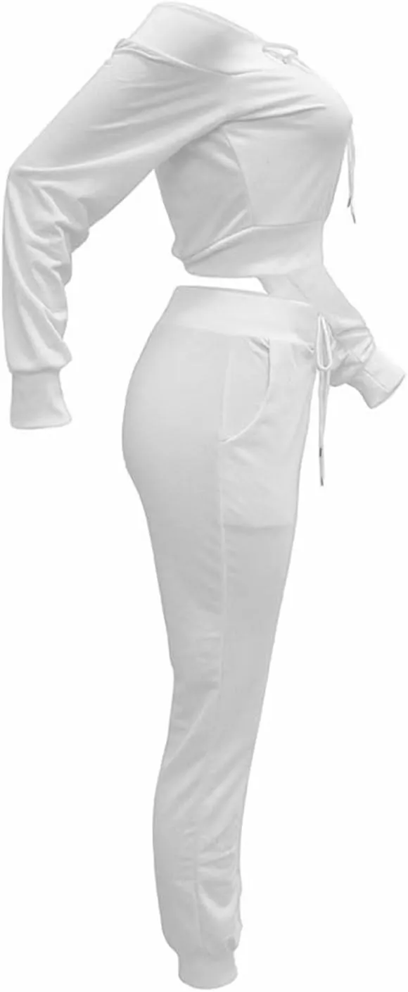 OLUOLIN Women Sexy Long Sleeve Two Pieces Outfits Tracksuit Lace Up Off Shoulder Casual Sweatsuit