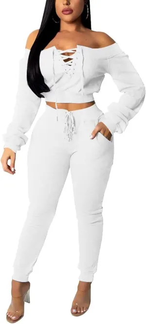 OLUOLIN Women Sexy Long Sleeve Two Pieces Outfits Tracksuit Lace Up Off Shoulder Casual Sweatsuit