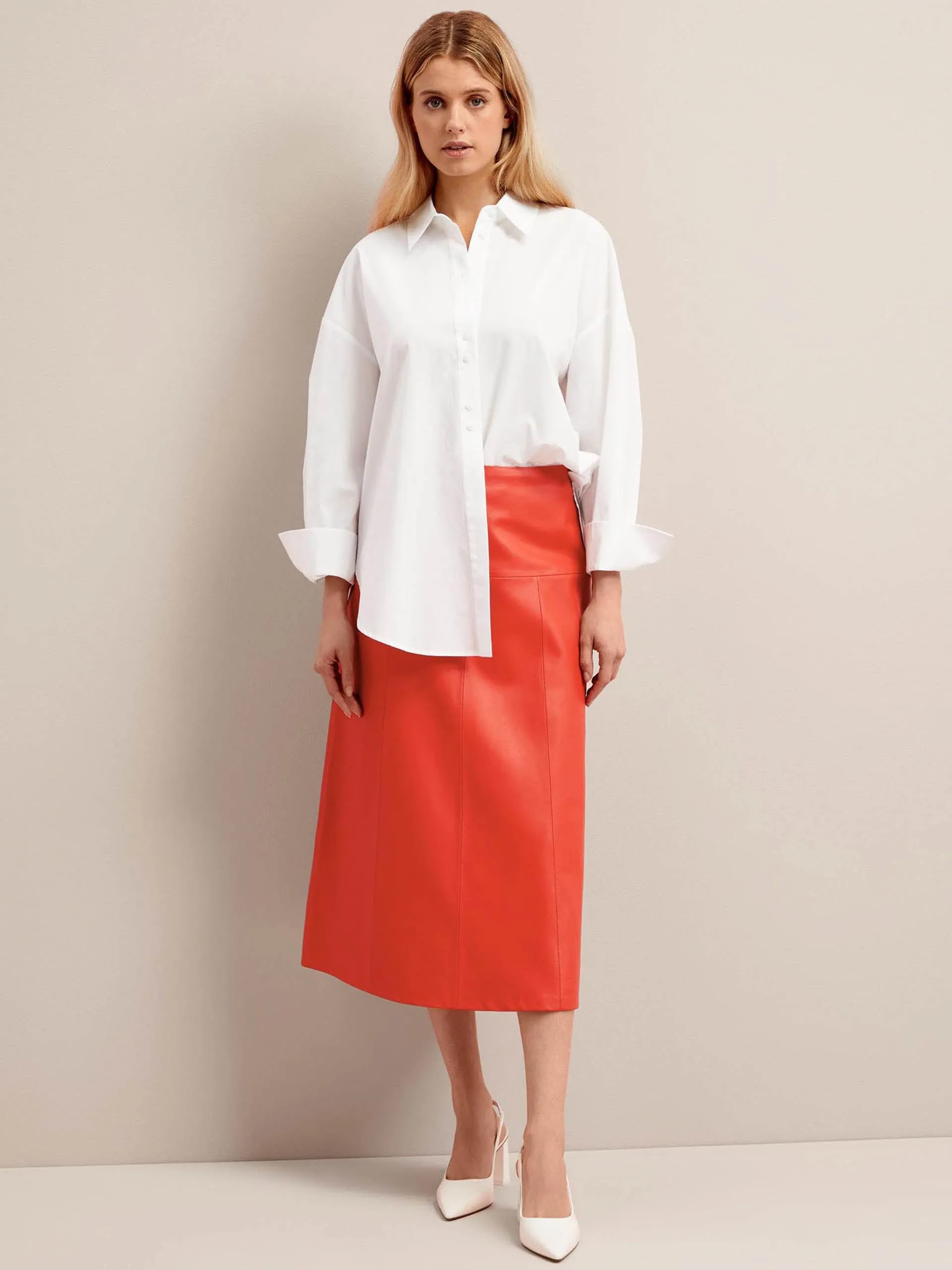 Orange Tiana leather midi skirt