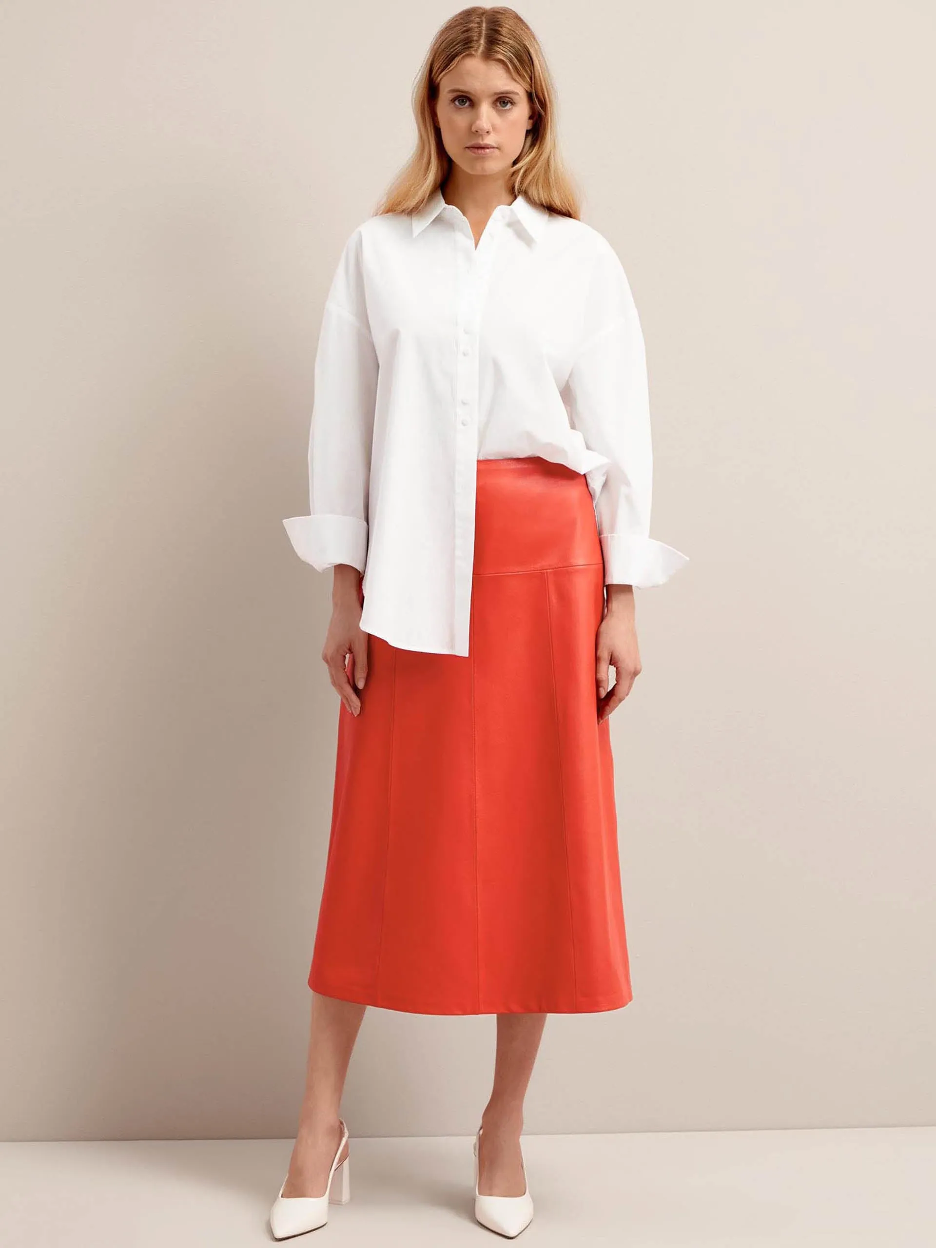 Orange Tiana leather midi skirt