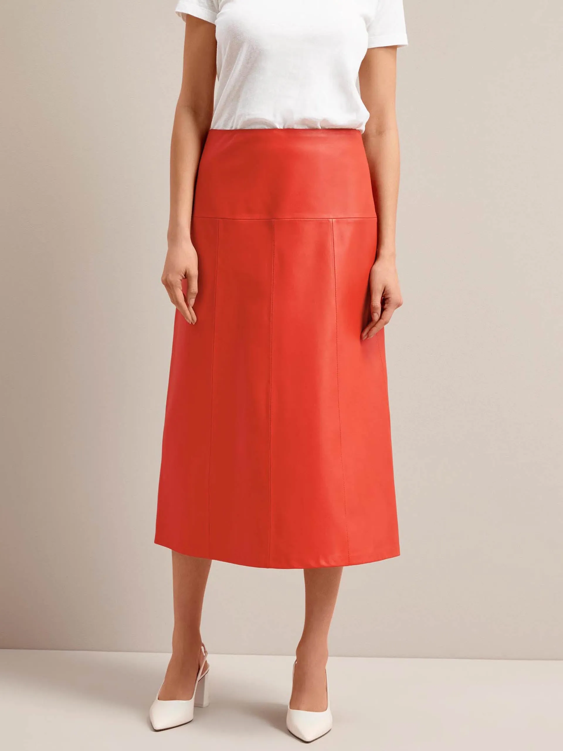 Orange Tiana leather midi skirt