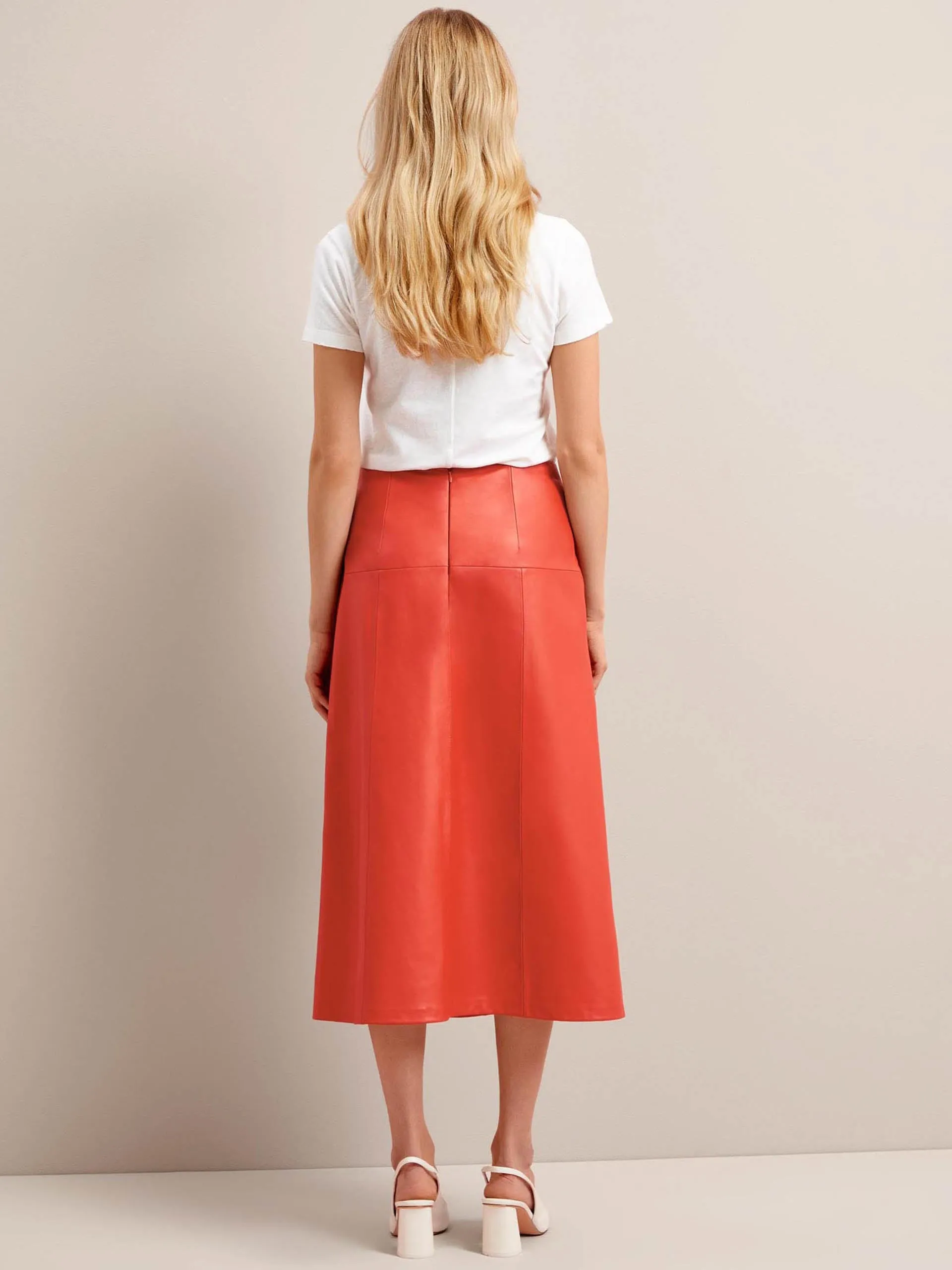 Orange Tiana leather midi skirt