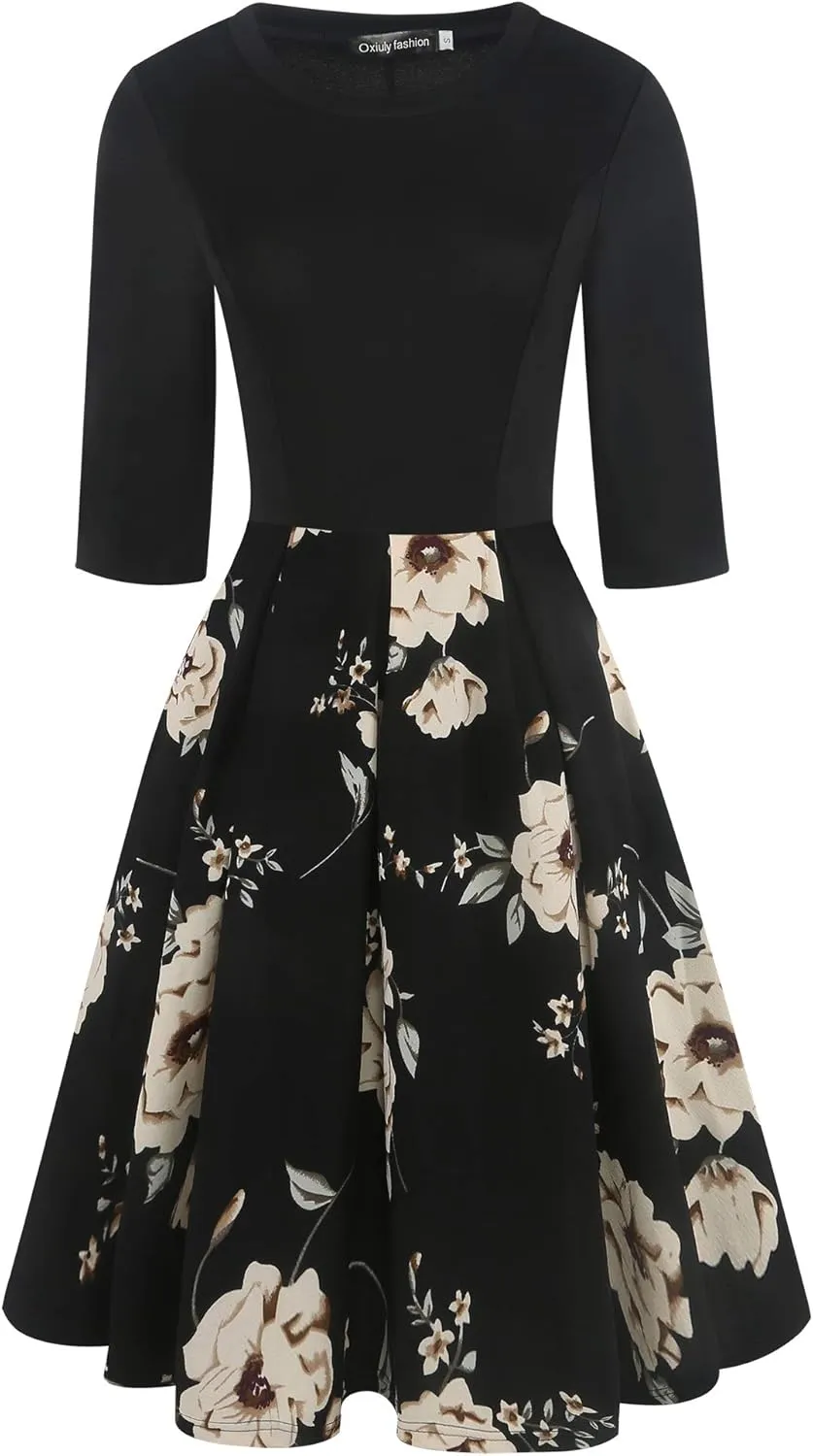oxiuly Women's Vintage Half Sleeve O-Neck Contrast Casual Pockets Party Swing Dress OX253