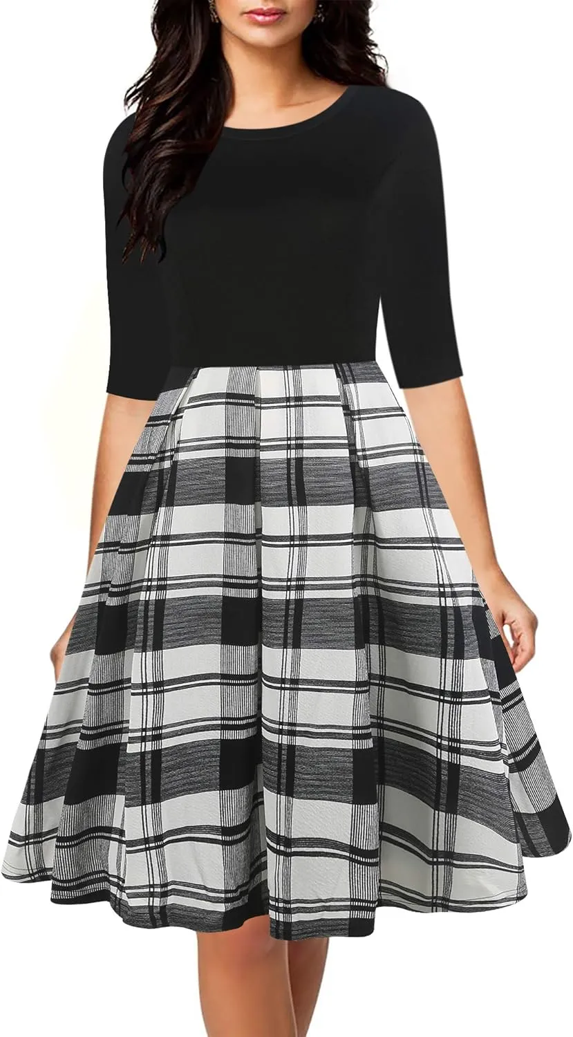 oxiuly Women's Vintage Half Sleeve O-Neck Contrast Casual Pockets Party Swing Dress OX253