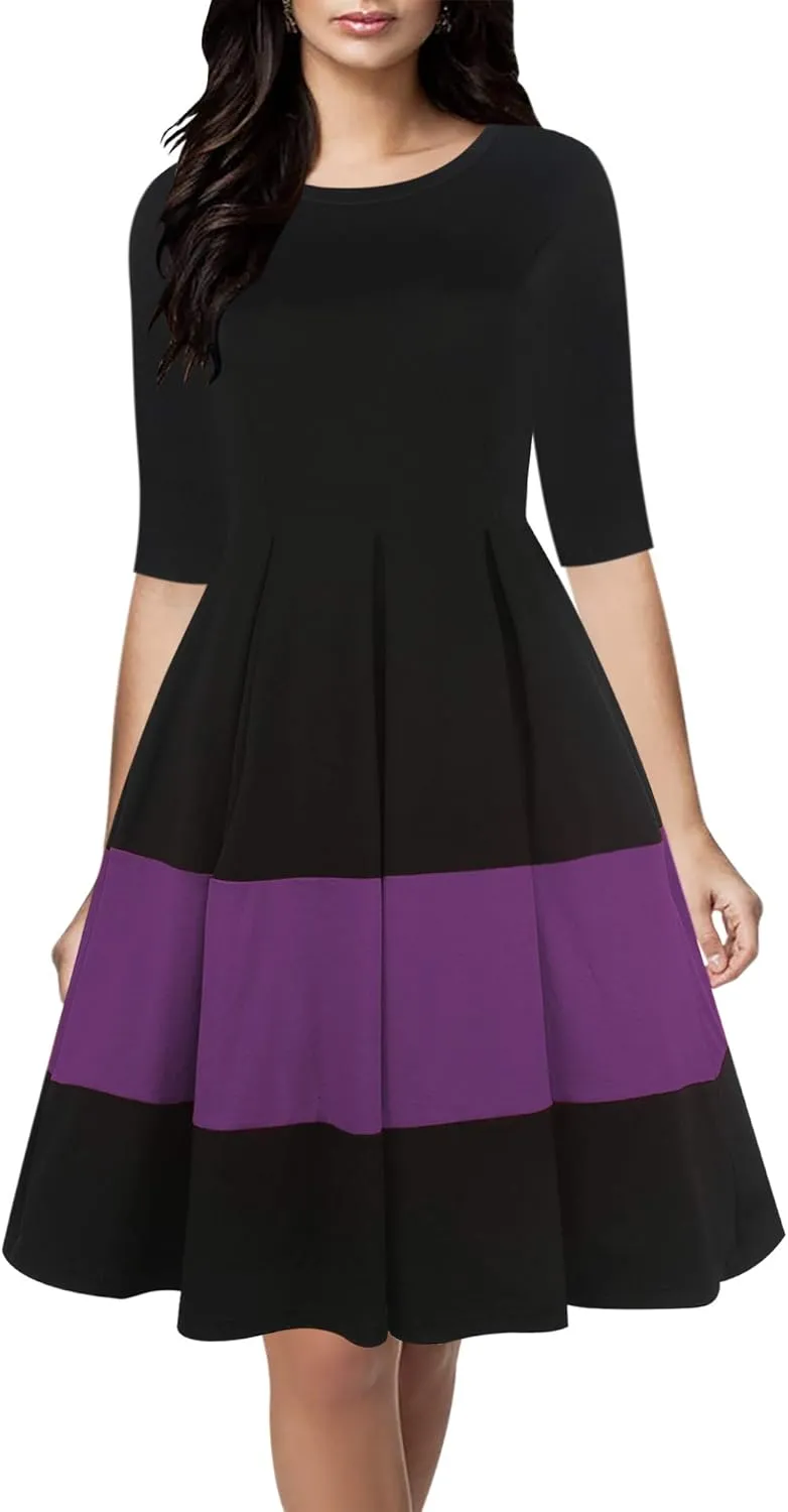 oxiuly Women's Vintage Half Sleeve O-Neck Contrast Casual Pockets Party Swing Dress OX253