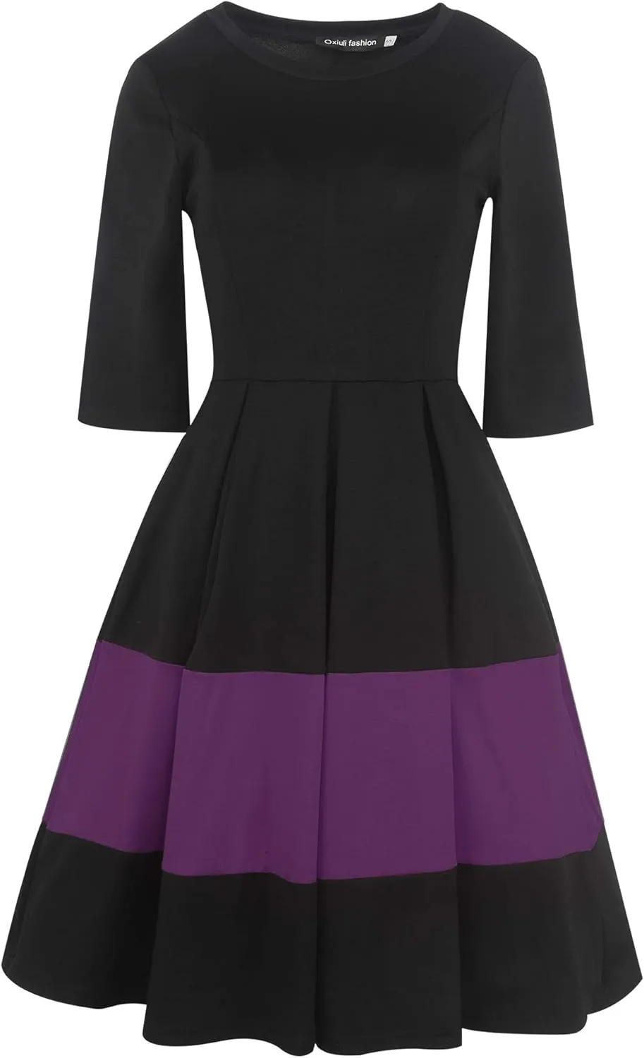 oxiuly Women's Vintage Half Sleeve O-Neck Contrast Casual Pockets Party Swing Dress OX253