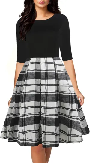 oxiuly Women's Vintage Half Sleeve O-Neck Contrast Casual Pockets Party Swing Dress OX253