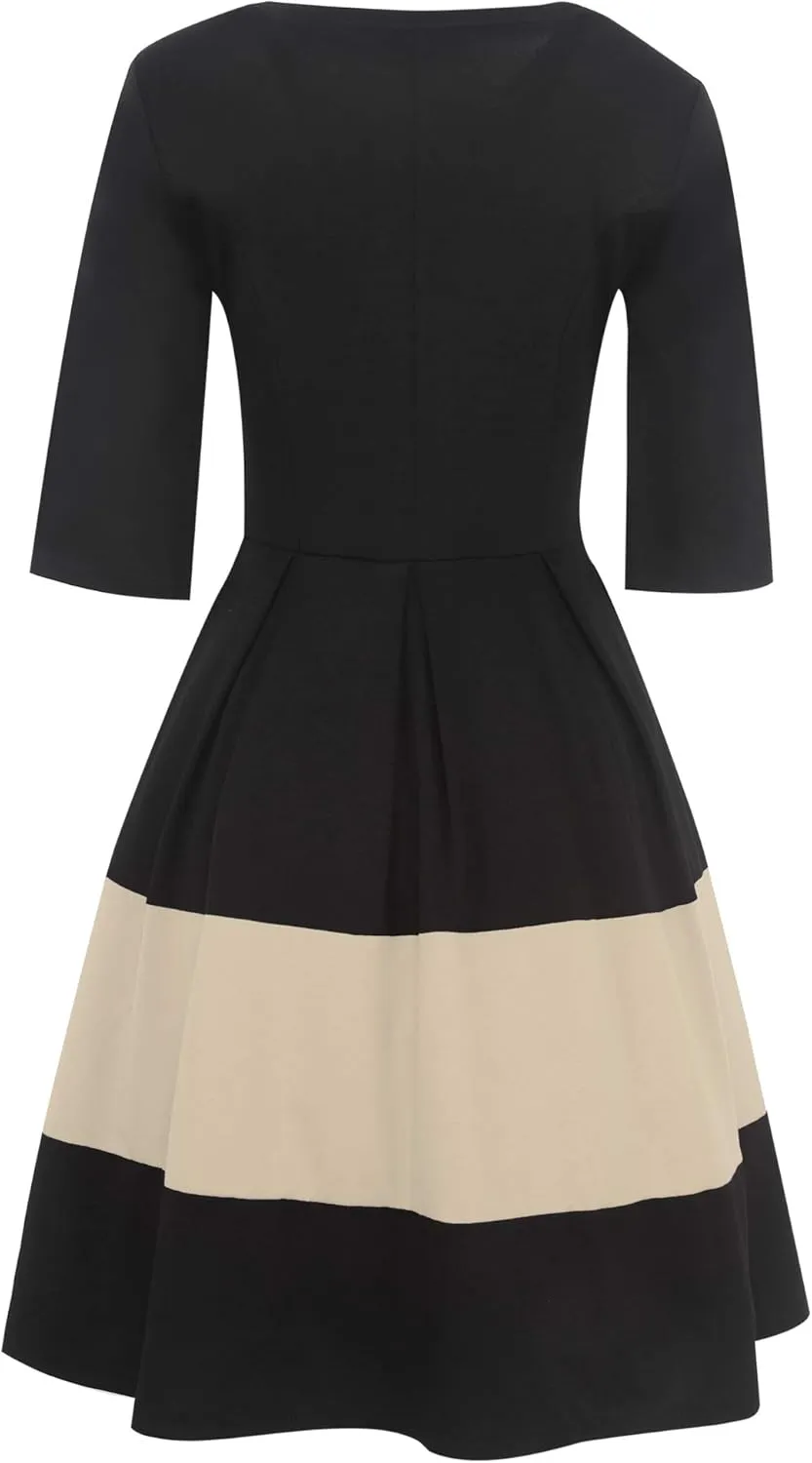 oxiuly Women's Vintage Half Sleeve O-Neck Contrast Casual Pockets Party Swing Dress OX253