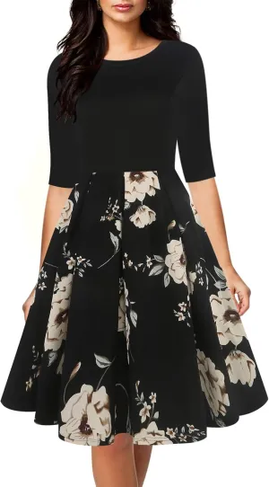 oxiuly Women's Vintage Half Sleeve O-Neck Contrast Casual Pockets Party Swing Dress OX253