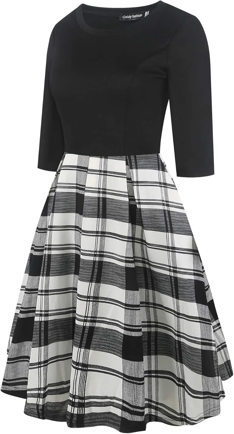 oxiuly Women's Vintage Half Sleeve O-Neck Contrast Casual Pockets Party Swing Dress OX253