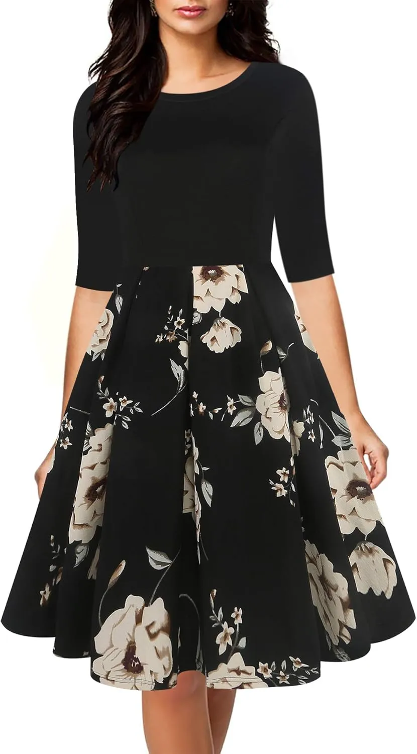 oxiuly Women's Vintage Half Sleeve O-Neck Contrast Casual Pockets Party Swing Dress OX253