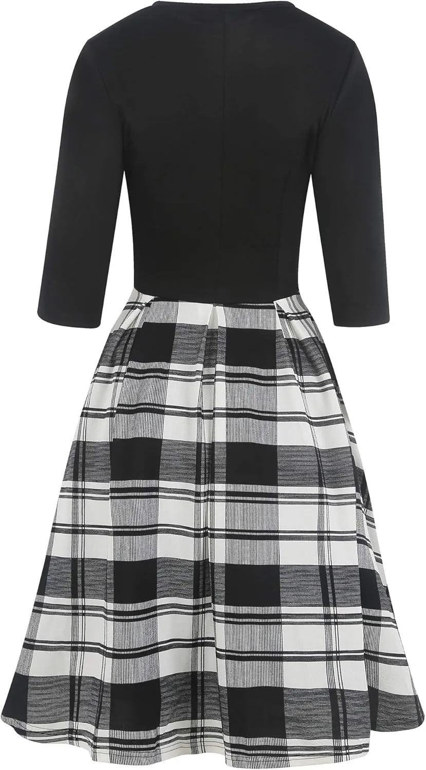 oxiuly Women's Vintage Half Sleeve O-Neck Contrast Casual Pockets Party Swing Dress OX253