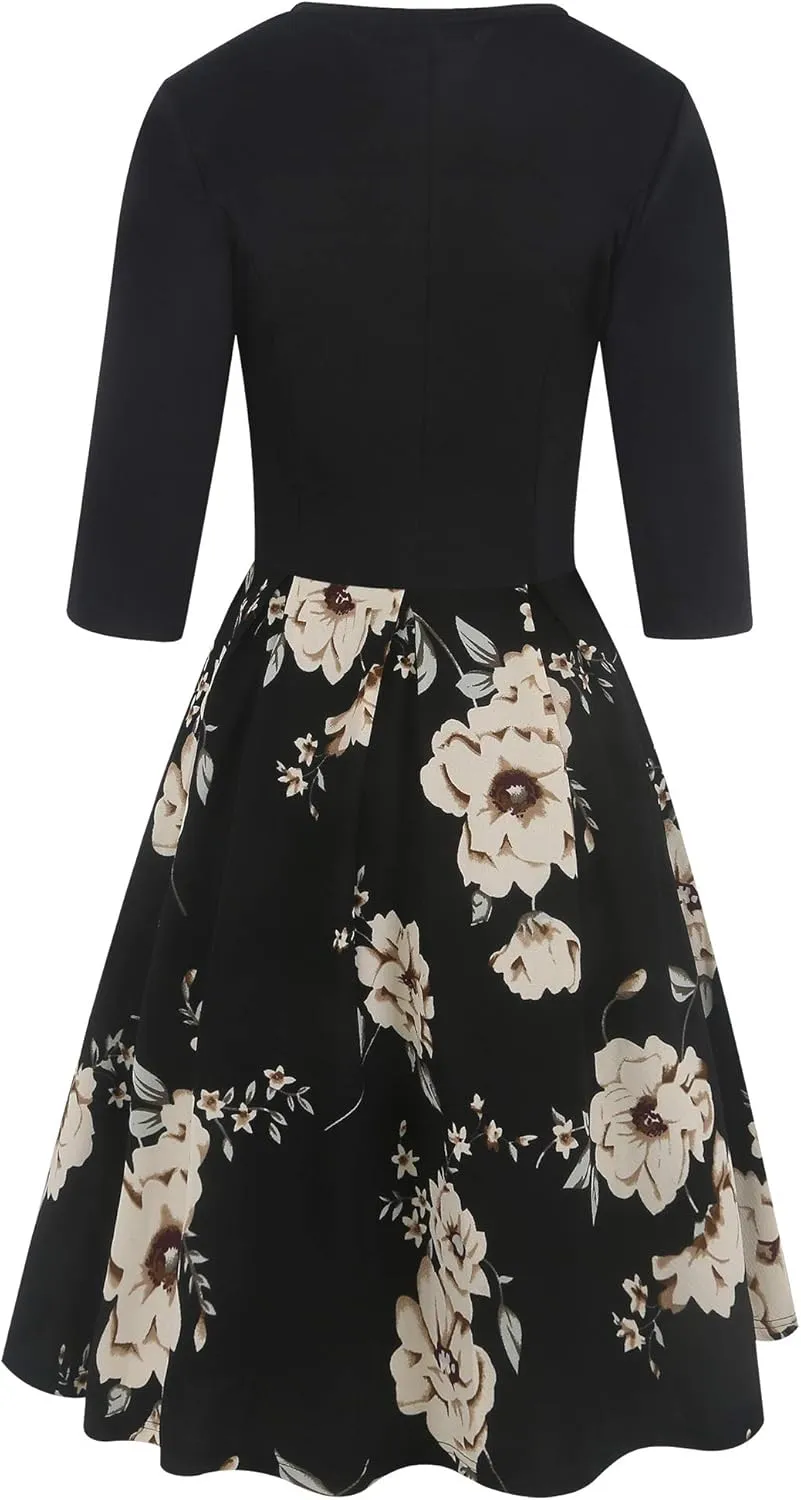 oxiuly Women's Vintage Half Sleeve O-Neck Contrast Casual Pockets Party Swing Dress OX253