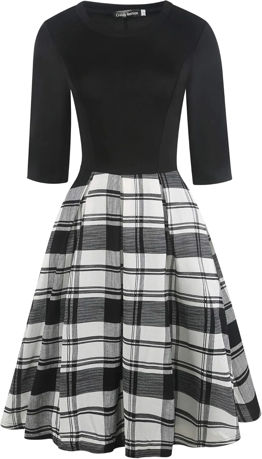 oxiuly Women's Vintage Half Sleeve O-Neck Contrast Casual Pockets Party Swing Dress OX253