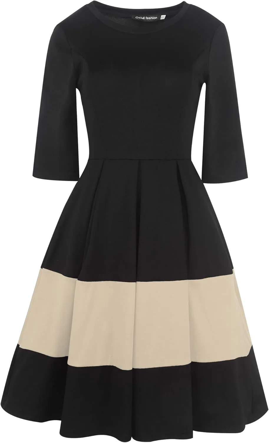 oxiuly Women's Vintage Half Sleeve O-Neck Contrast Casual Pockets Party Swing Dress OX253
