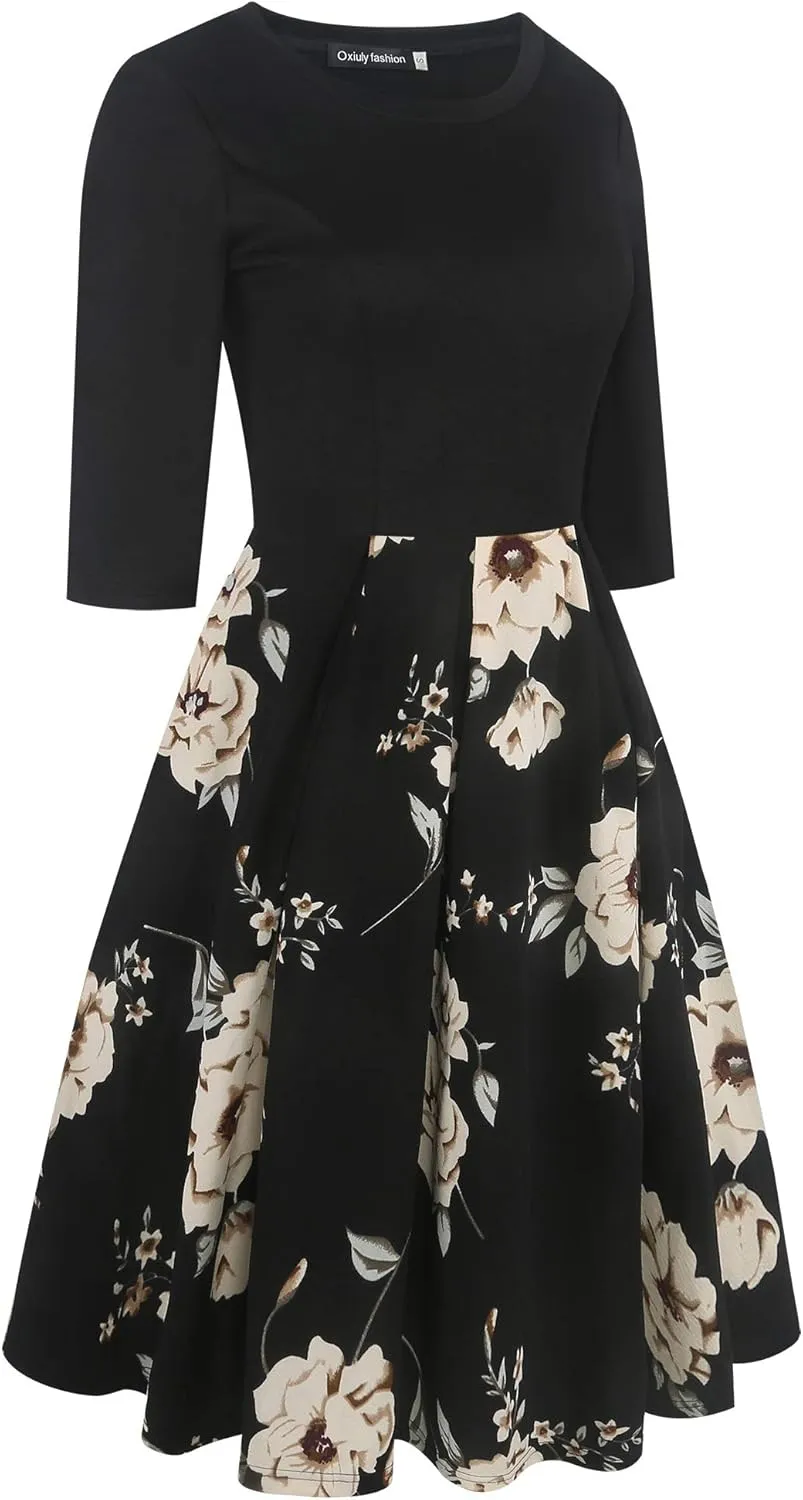 oxiuly Women's Vintage Half Sleeve O-Neck Contrast Casual Pockets Party Swing Dress OX253