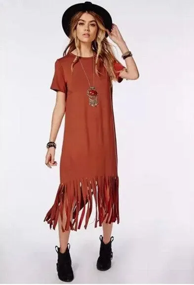 Patchwork Tassel Dress Women Fringed Hem Knitted Cotton O Neck