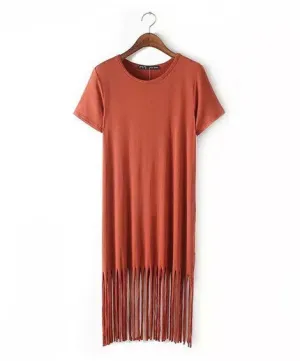 Patchwork Tassel Dress Women Fringed Hem Knitted Cotton O Neck