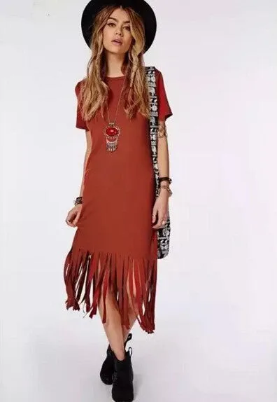 Patchwork Tassel Dress Women Fringed Hem Knitted Cotton O Neck