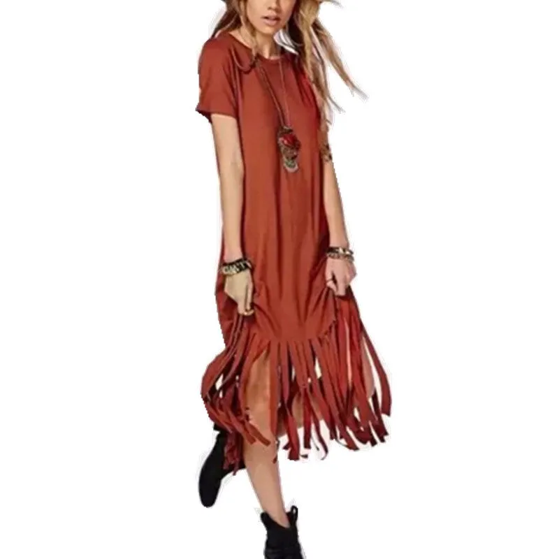 Patchwork Tassel Dress Women Fringed Hem Knitted Cotton O Neck