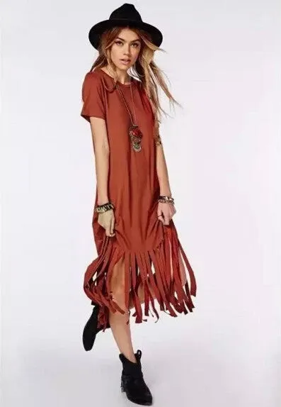 Patchwork Tassel Dress Women Fringed Hem Knitted Cotton O Neck
