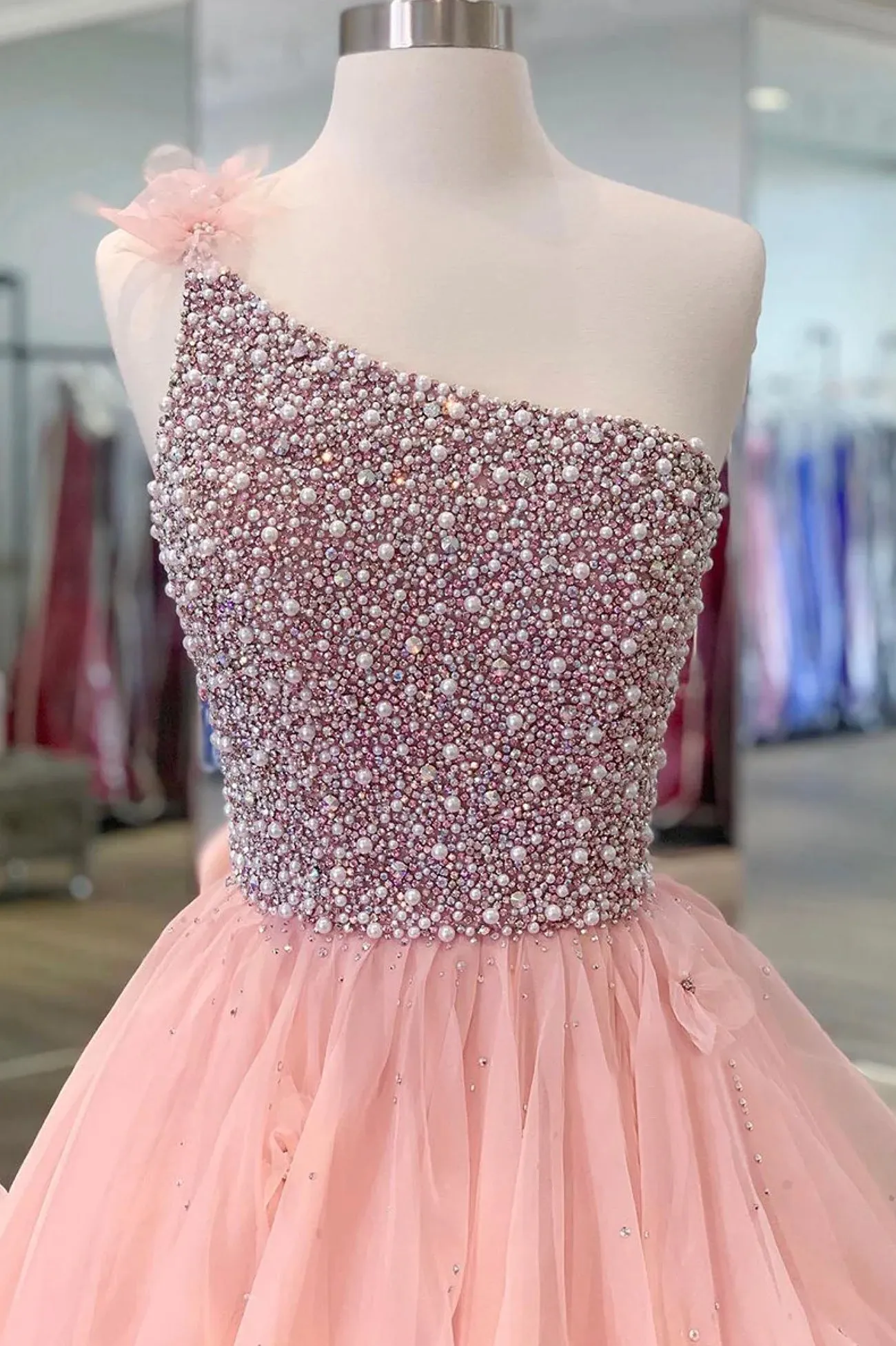 Pink Organza Beaded Long Formal Dress A-Line One Shoulder Evening Dress
