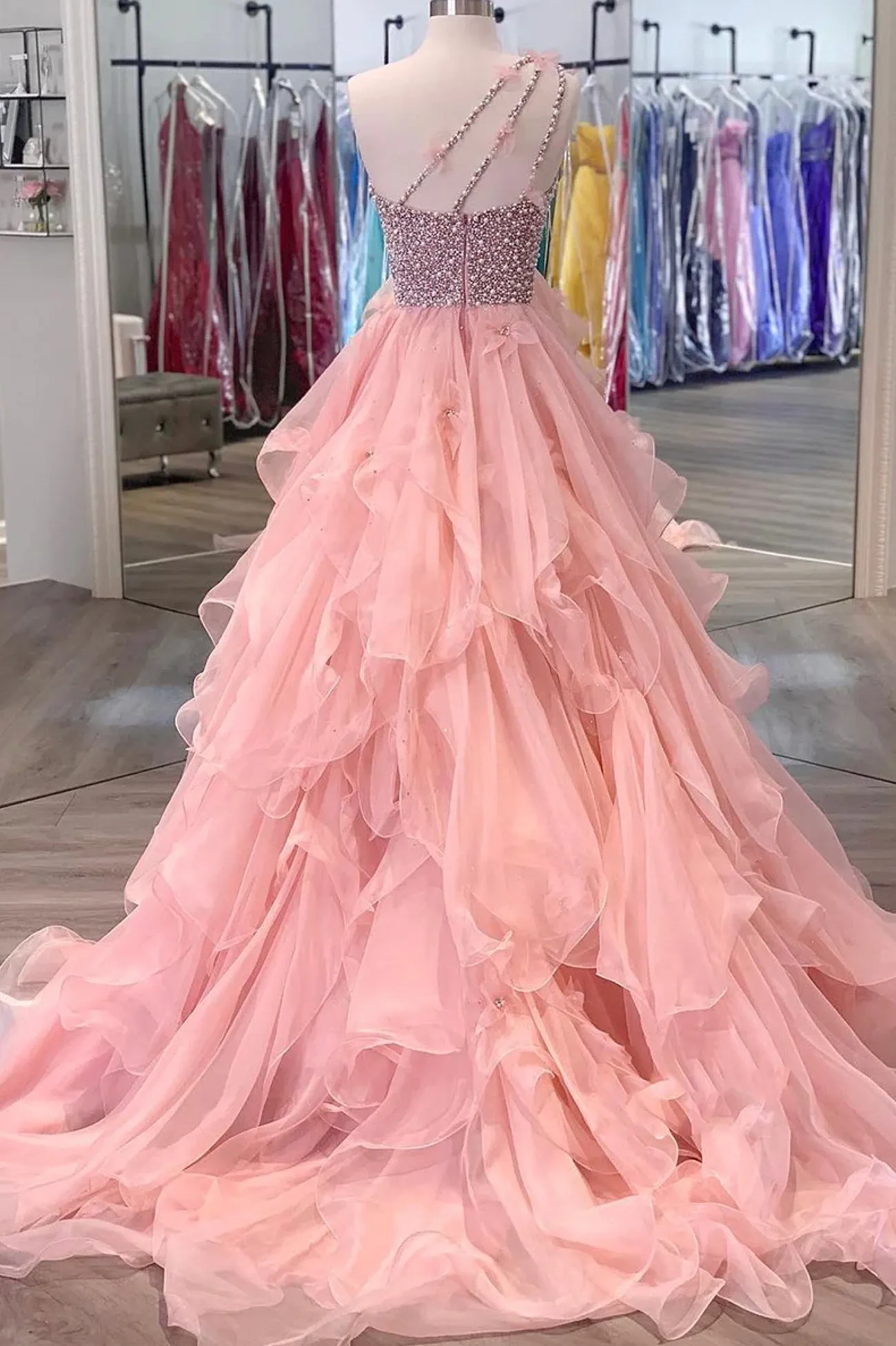 Pink Organza Beaded Long Formal Dress A-Line One Shoulder Evening Dress