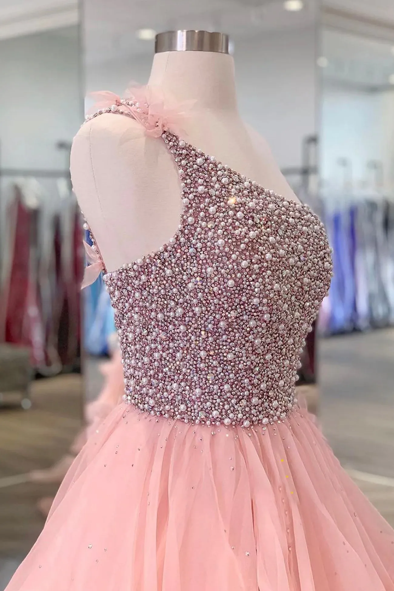 Pink Organza Beaded Long Formal Dress A-Line One Shoulder Evening Dress