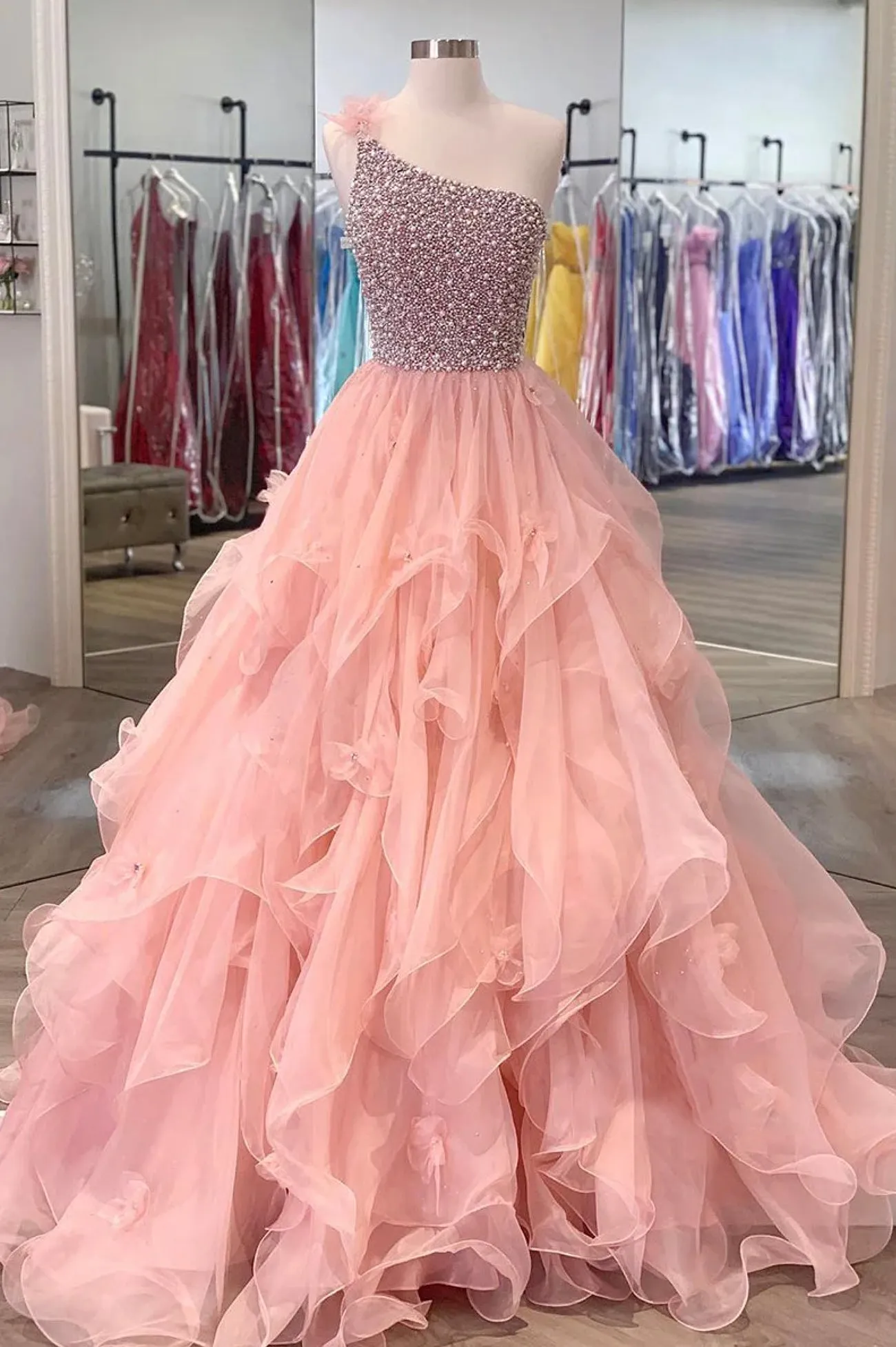 Pink Organza Beaded Long Formal Dress A-Line One Shoulder Evening Dress