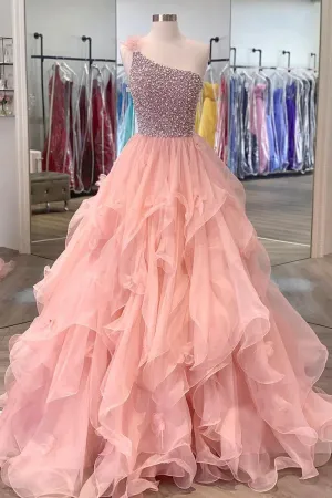 Pink Organza Beaded Long Formal Dress A-Line One Shoulder Evening Dress