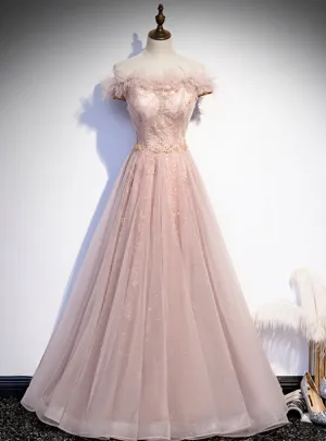 Pink Tulle Sequins Off the Shoulder Prom Dress
