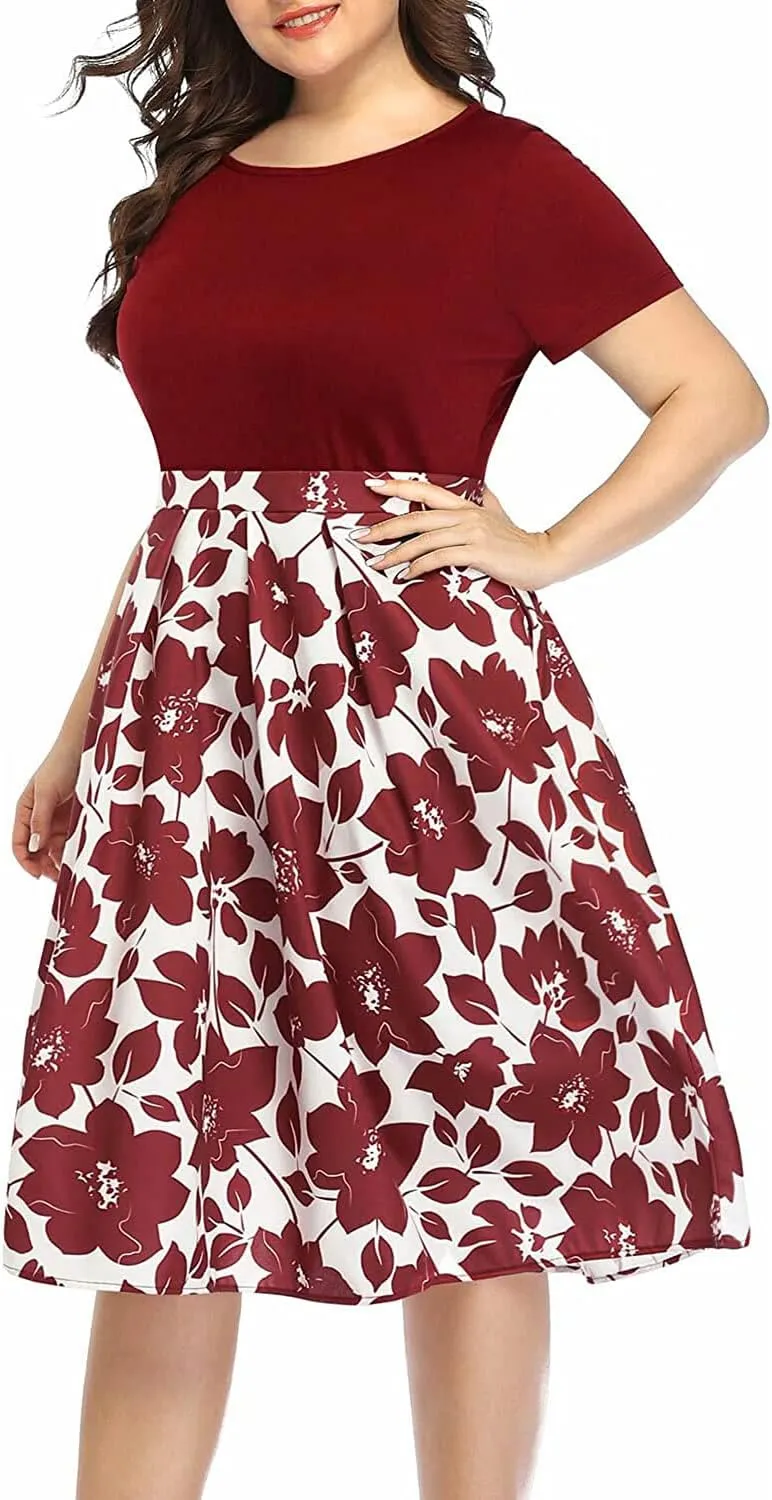 Pinup Fashion Plus Size Work Dress-Church Business Casual Short Sleeve A-Line Dress with Pockets