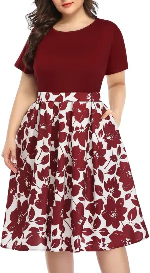 Pinup Fashion Plus Size Work Dress-Church Business Casual Short Sleeve A-Line Dress with Pockets