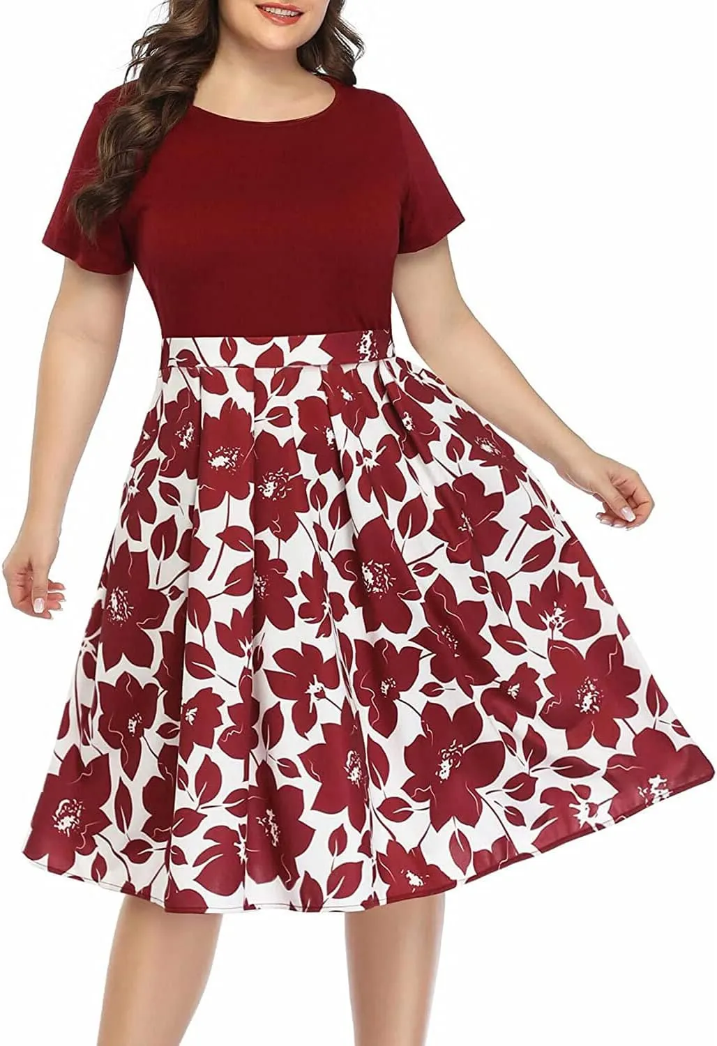 Pinup Fashion Plus Size Work Dress-Church Business Casual Short Sleeve A-Line Dress with Pockets