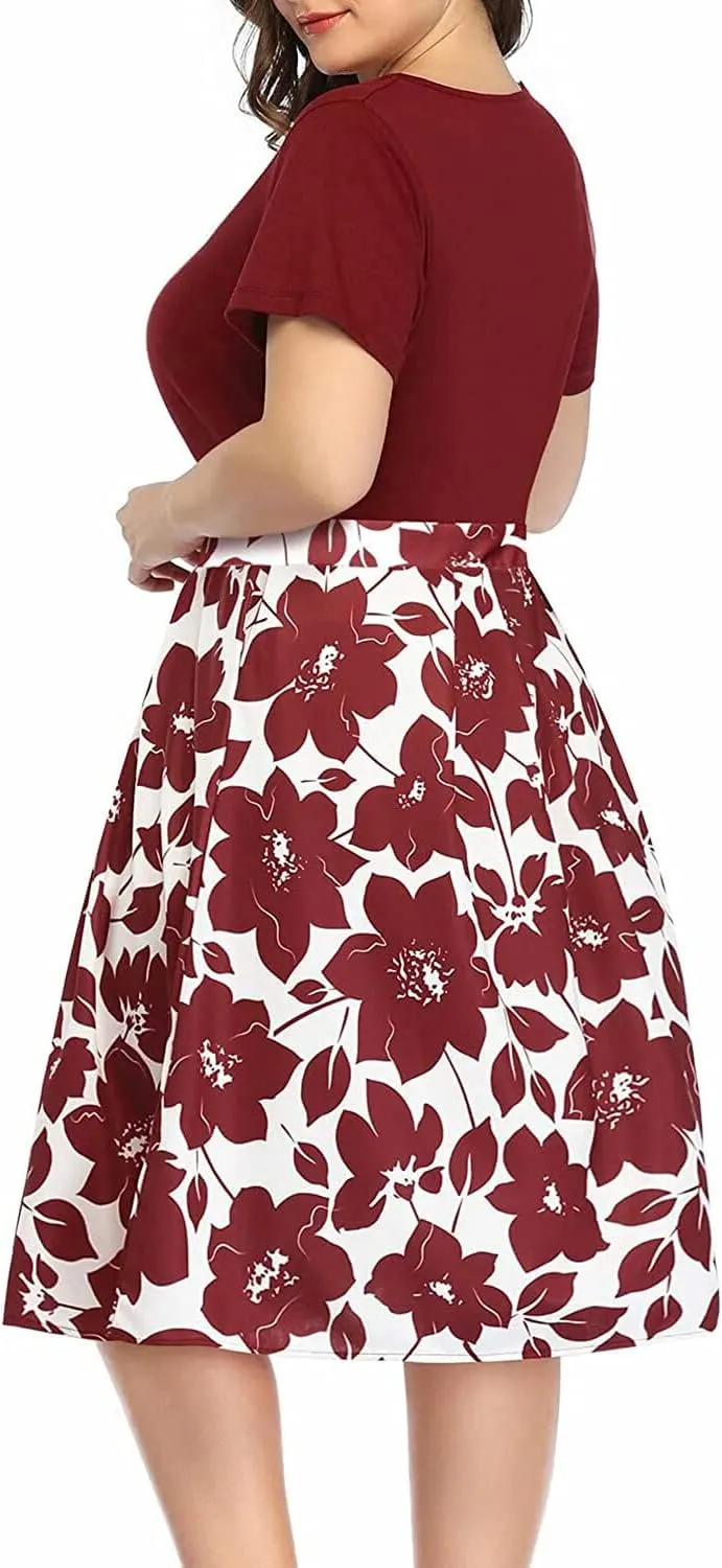 Pinup Fashion Plus Size Work Dress-Church Business Casual Short Sleeve A-Line Dress with Pockets
