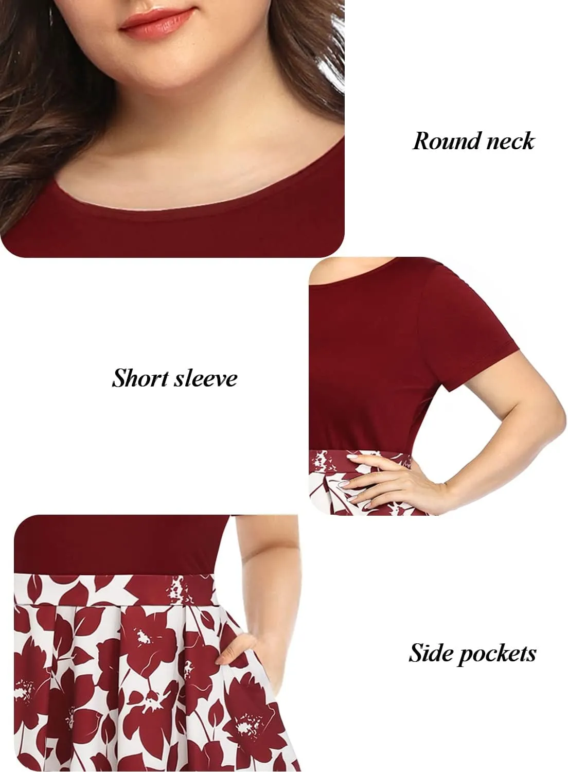 Pinup Fashion Plus Size Work Dress-Church Business Casual Short Sleeve A-Line Dress with Pockets