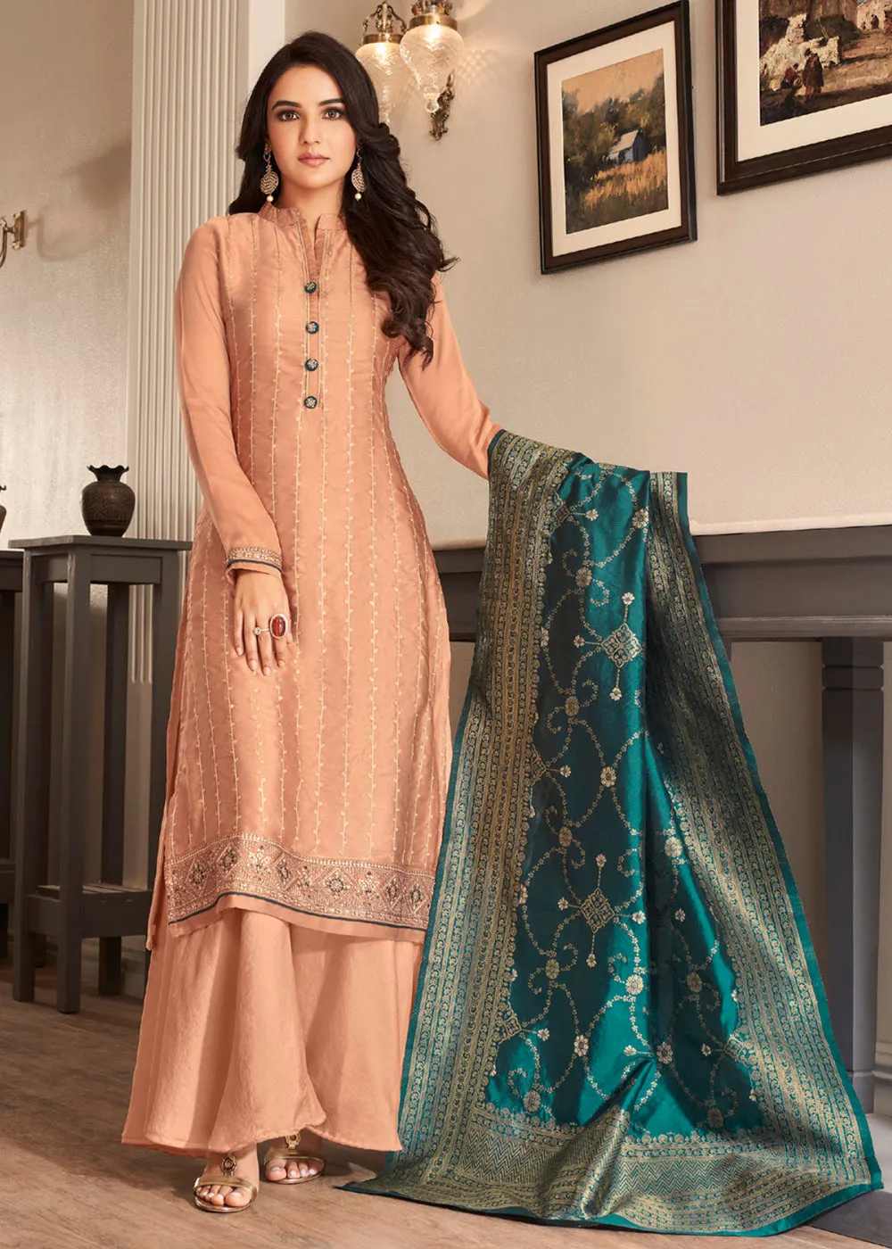 Pretty Peach Traditional Silk Embroidered Palazzo Salwar Suit