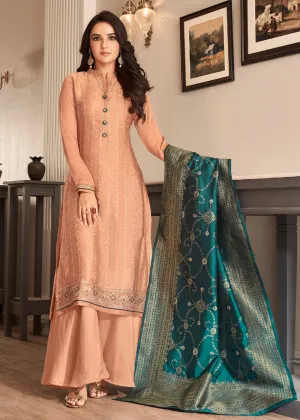 Pretty Peach Traditional Silk Embroidered Palazzo Salwar Suit
