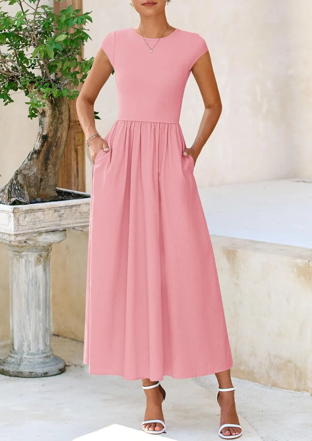 PRETTYGARDEN Women's 2025 Summer Casual Long Dresses Cap Sleeve Patchwork A Line Flowy Modest Elegant Homecoming Maxi Dress