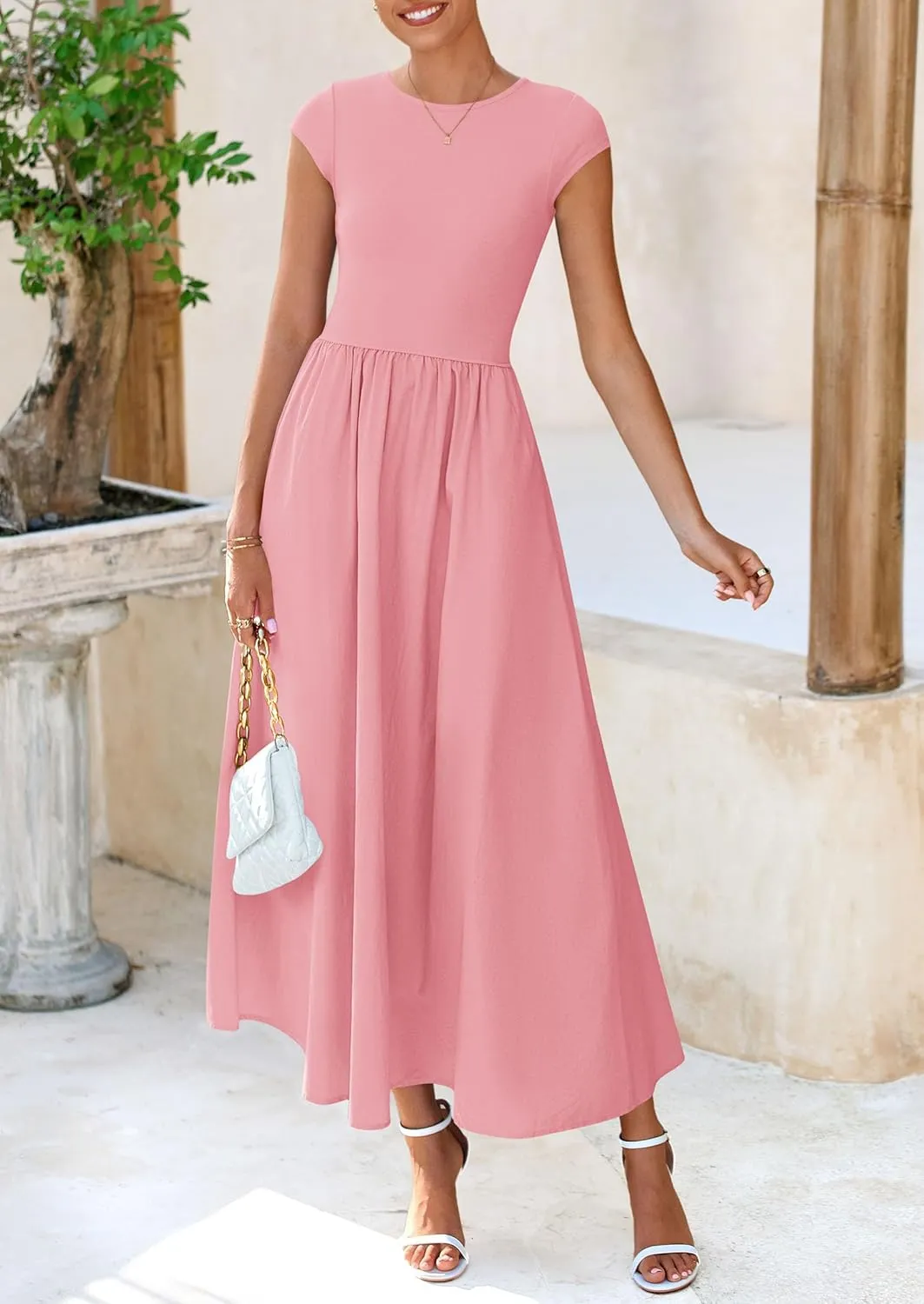 PRETTYGARDEN Women's 2025 Summer Casual Long Dresses Cap Sleeve Patchwork A Line Flowy Modest Elegant Homecoming Maxi Dress
